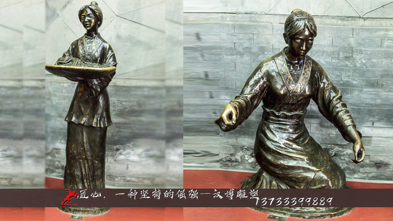 铸铜人物雕像,养蚕雕像,纺织铜雕
